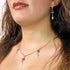 Adorning herself with a set of necklace and earrings, this woman showcases the exquisite Set of Necklace and Earrings of Dangling Blue Turkish Evil Eye Charms against a neutral background.